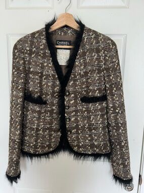 CHANEL Brown & Black Tweed Boutique Jacket with Faux Fur Trim
